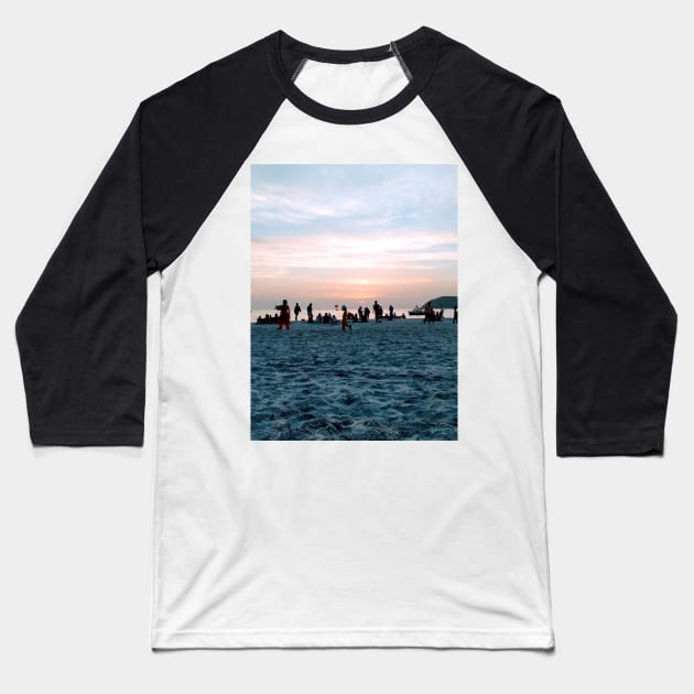 Pink Sunset At The Beach Scenery Baseball T-Shirt by Just Kidding Co.